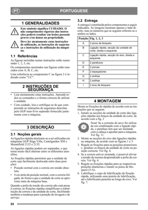 Page 2424
PORTUGUESEPT
1 GENERALIDADES
Este símbolo significa CUIDADO. O 
não cumprimento rigoroso das instru-
ções poderá resultar em lesões pessoais 
graves e/ou danos na propriedade.
Deve ler atentamente estas instruções 
de utilização, as instruções de seguran-
ça e instruções de utilização da máqui-
na.
1.1 Referências
As figuras incluídas nestas instruções estão nume-
radas 1, 2, 3, etc.
Os componentes mostrados nas figuras estão mar-
cados com A, B, C, etc.
Uma referência ao componente C na figura 2 é...