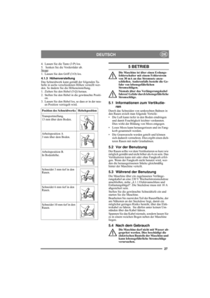 Page 2727
DEUTSCHDE
4. Lassen Sie die Taste (3:P) los.
5.  Senken Sie die Vorderräder ab.
Stopp
:
1. Lassen Sie den Griff (3:O) los.
4.1.3 Höhenverstellung
Das Schneidwerk kann gemäß der folgenden Ta-
belle in sechs verschiedenen Höhen verstellt wer-
den. So ändern Sie die Höheneinstellung.
1. Ziehen Sie den Hebel (5:Q) heraus.
2. Stellen Sie den Hebel in die gewünschte Positi-
on.
3. Lassen Sie den Hebel los, so dass er in der neu-
en Position verriegelt wird. 5 BETRIEB
Die Maschine ist über einen Erdungs-...