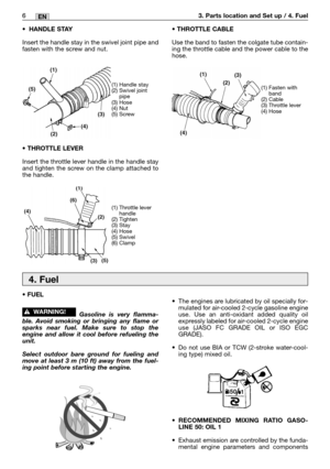 Page 7•The engines are lubricated by oil specially for-
mulated for air-cooled 2-cycle gasoline engine
use. Use an anti-oxidant added quality oil
expressly labeled for air-cooled 2-cycle engine
use (JASO FC GRADE OIL or ISO EGC
GRADE).
•Do not use BIA or TCW (2-stroke water-cool-
ing type) mixed oil.
•RECOMMENDED MIXING RATIO GASO-
LINE 50: OIL 1
•Exhaust emission are controlled by the funda-
mental engine parameters and components • FUEL
Gasoline is very flamma-
ble. Avoid smoking or bringing any flame or...