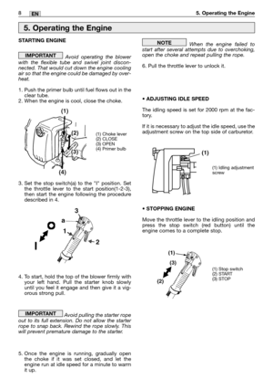 Page 9EN5. Operating the Engine8 8
STARTING ENGINE
Avoid operating the blower
with the flexible tube and swivel joint discon-
nected. That would cut down the engine cooling
air so that the engine could be damaged by over-
heat.
1. Push the primer bulb until fuel flows out in the
clear tube.
2. When the engine is cool, close the choke.
3. Set the stop switch(a) to the I position. Set
the throttle lever to the start position(1-2-3),
then start the engine following the procedure
described in 4.
4. To start, hold...