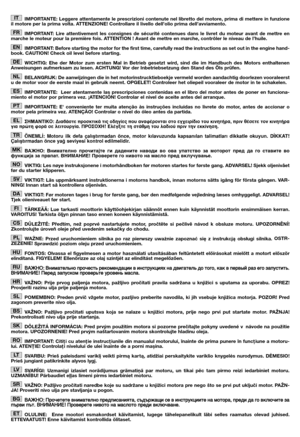 Page 2IMPORTANTE: Leggere attentamente le prescrizioni contenute nel libretto del motore, prima di mettere in funzione il motore per la prima volta. ATTENZIONE! Controllare il livello dell’olio prima dell’avviamento. 
IMPORTANT: Lire attentivement les consignes de sécurité contenues dans le livret du moteur avant de mettre en marche le moteur pour la première fois. ATTENTION ! Avant de mettre en marche, contrôler le niveau de l’huile. 
IMPORTANT: Before starting the motor for the first time, carefully read the...