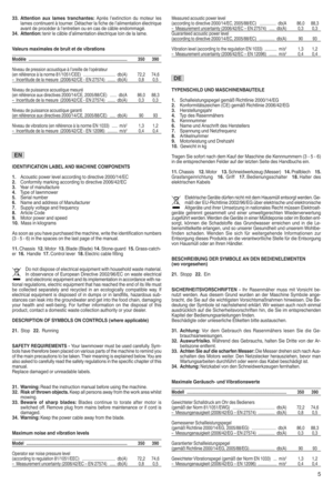 Page 733wAtten tionaux lames tranchantesv Après lLe xtinct iondumoteur les
lam esconti nuen tà to urn erIDétache rla fich ede lLalimentation élec triq ue
avan td e pro céd eràlLe ntre tienou en cas decâble endomma géI
34w Attentionv tenirlecâble dLalim enta tionélectrique loindelalam eI
Valeu rsmaximales debruit etde vibratio ns
Modèlewwwwwwwwwwwww wwww wwwwwww wwwwwwwwwwwwwwwwwwww wwwwwwwwwwwwwwwwww wwwwwwwwwwwwwwwwwwww wwwwwww350 390
Niv eau de pressi onaco ustiqueàlL o reil lede l'opérate ur
(enréfé...