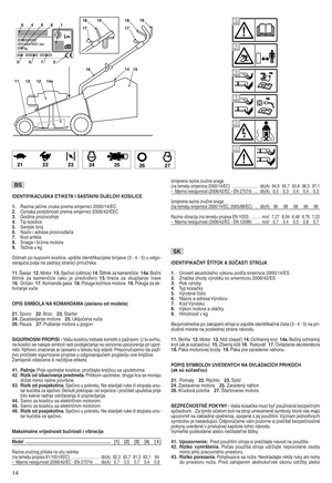 Page 16IDEN TI\„IKACI \•SKAETIKETA ISASTAV NIDI\•ELO VIKOSILICE
1\ Razina jačine zvukaprema smjernici 2000/14/EC
2\ Oznaka podo bnosti prema smjernici 2006/42/EEC
3\ Godin apr oizvodnje
4\ Tip kosilice
5 \ Ser ijski broj
6\ Naziv iad resa proizv ođača
7\ Kod artikla
8\ Snaga ibrz ina motora
9\ Tenina ukg
Odm ahpo kupovini kosilicepupihite ide ntifi kacijs ke brojeve (3t4 t5) uod got
var ajuć apolja nazadnjoj stranicipri ručn ikas
11\ Šasija 12\ Motor 13\ Sječ ivo(oh trica) 14\ Štitnik zakamenčiće 14a\Bočni
hti...