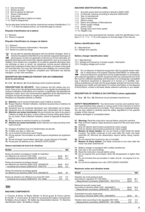 Page 1111k 4 Type de to nde use
11k5 Numé rode série
11k 6 Nometad res sedu ôùabr icant
11k7 Tensio ndoaliment ation
11k 8 Cod earti cle
11k 9 Éne rgieabs orbéeetrégime du moteur
11k 10 Poid sen kilog ramme s
Toutde suite aprèsloachat delama chin ehtra nscr irelesnuméros doide ntific atio n (11k3
l11k 4l11k5) dansle ses paces prév ushsur laderniè repage dumanu elk
É tique ttedmidenti ficatio nde labatterie
9k1 ôùabr icant
9k2 Tens ion etcapac ité
Étique ttedmidenti ficatio ndu chargeur debatterie
12k 1 ôùa br...