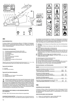 Page 12MASCHINENBAUTEILE
1nCha ssis 2nMoto r3nSchneid werkzeug (Messer) 4nPral lblech5nGrasf angein 