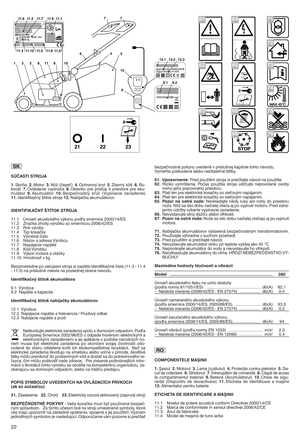 Page 24S(ASTI STRO\•A
1aSkri` a2aMotor 3aNô n(Oepe^) 4aOc hrann mkryt 5aZbernm kôf6aRu s
kovLh 7aOvlKda nievypXnaOa 8aOkienko pre prXstup kpriesto repre akus
mulKt or 9a Ak um ulKtor 10a Bez peOn ostnm k^iO (VypXnacie zariadenie)
11a Iden tifikaOnm ftXto kstr oja 12a NabXjaOka akumulKtoro v
IDENTI\bIKAN+ &T  TO KSTR O\•A
11r1 -rove `aku stickRho vmkonu pod^asm ern ice 2000/14/ES
11r2 ZnaOka zhodyvmro bku sosm ernicou 2006/42/ES
11r3 Rok vmroby
11 r4 TypkosaOky
11 r5 VmrobnR OXslo
11 r6 NKzov aad resa Vmrobcu...