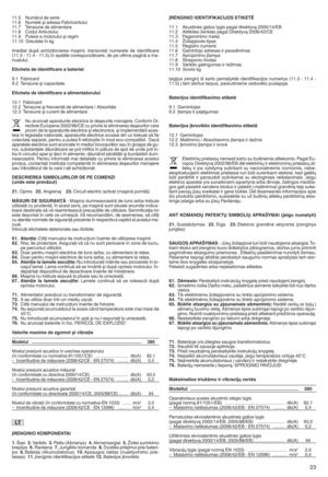 Page 2511.5 Numă rulde ser ie
11.6 Nume lePiadresa .«abricantului
11.7 Tensiune de alimentare
11.8 Codu lArtic olului
11.9 Puter eam otor ului Piregim
11 .10 Gr eu tate înkg
Imedi at dup ăac hiziSiona reamaPinii, transcrieSi numerelede ide ntificare
(11.3-11.4 -11.5) înspaSiile corespunză toare, de pe ultima paginăam a-
nua lului .
Etichet ade ide ntifica reabat er iei
9.1 .«a brica nt
9.2 Ten siune Picapacitate
Etichet ade ide ntifica reaalimen tatorulu i
12.1 .«abrica nt
12.2 Tensi unePi frecven Săde alime...