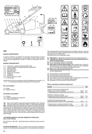 Page 28MASINAKOM PONE NDID
1kKorpu s2kM oo tor 3kLõik etera 4kKivikaitse 5kKo gumisk orv6kVars
7kLUlit ihoob 8k\)uurde pääsuuk sakuav ausele 9kPa tarei (Akumulaat or)
10kOhutusvõ ti(Vä ljalUlitam isesead e)11k Masin atu nn usetikett 12kAku \
laadija
MASI NATUNN USETIKETT
11[1 Heliv õimsus vastava ltdire ktiivile 2000/14/EÜ
11[2 Vastavu smärg istus vasta valt direkt iivile 2006/42/EÜ
11[3 Valmistu saasta
11[4 Murun iidu kitUUp
11 [5 Matrik linumbe r
11[6 Ehitaj animi jaaadr ess
11[7 Toitep inge
11[8 Artiklikoo...