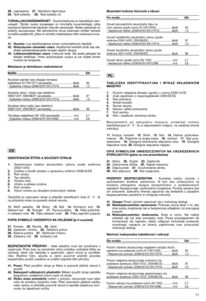 Page 1326.Lepoasento27.Moottorin käynnistys 28. Terä kytketty 29.Terä kytketty irti    
TURVALLISUUSSÄÄNNÖKSET - Ruohonleikkuria on käytettävä varo- vaisesti. Tämän vuoksi koneeseen on kiinnitetty kuvamerkkejä, jotkaosoittavat tärkeimmät käyttöön liittyvät varoitukset. Niiden selitykset onesitetty seuraavassa. Me kehotamme sinua lukemaan erittäin tarkastiturvallisuussäännöt, jotka on annettu ohjekirjassa niille varatussa luvus-sa. 
41. Huomio:  Lue käyttöohjekirja ennen ruohonleikkurin käyttöä. 42. Sinkoutuvien...