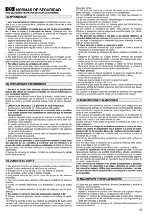 Page 3533
NORMAS DE SEGURIDADQUE SE DEBEN RESPETAR ESCRUPULOSAMENTE
1) Leer atentamente las instrucciones. Familiarizarse con los man-
dos y con el uso correcto de la cortadora de pasto. Aprender a parar
rápidamente el motor.
2) Utilizar la cortadora de pasto para el uso al que está destina-
do, o sea, el corte y la recogida de hierba. Cualquier otro uso
puede resultar peligroso y provocar la avería de la máquina. Es
inapropiado (como ejemplo, pero no solo):
– transportar en la máquina personas, niños o...