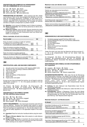 Page 7DESCRIPTIONS DES SYMBOLES QUI APPARAISSENT SUR LES COMMANDES (là où ils sont prévus) 
21. Lent22.Rapide23.Starter 24. Arrêt du moteur25.Traction insérée 26. Repos27.Démarrage du moteur 28. Lame enclenchée29.Lame déclenchée  
PRESCRIPTIONS DE SECURITÉ - Votre tondeuse doit être utilisée avec prudence. Dans ce but, des pictogrammes destinés à vous rap-peler les principales précautions d’utilisation ont été placés sur lamachine.  Leur signification est donnée ci-dessous. Nous vous recom-mandons également de...