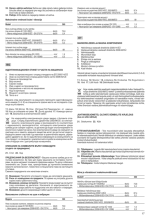 Page 1933tOprez sošt rim sečivimas SHV ivD sH iGD ljH okrHU unDkon gDfHnjD motorDv
IzvuFi tHutikD VzD nDpD jDnjH prH nHgo ftopoVnHtH sDoGr qDv DnjHm ko sD w
ViF H ili D ko jHkD ED loftHUH nv
34t Paqnjas GrqitH kDEDl zDnDpD jDnjH GD lHk ooG sHVivDv
Maksima lnevrednosti bukeivib rac ija
Model ttttttttttttttttttt ttttttt tttttttttttttttttttt tttttttttttttttttttttttttttttttttttttt ttttttt360
Nivo zvuVno gpriti sk DnD uhu rDGnik D
(nDosno vu prop isD 81|1 051|E EC) vvvvvvvvvvvv vvvvvvvvv vvvvvvvvvvvvvvvv GE(A) 73s...