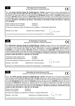 Page 9
EC Declaration of Conformity
according to EU Guideline of Machines 98/37/EG
We,   IKRA
 GmbH,  Schlesier  Straße  36,  D-64839  Münster  /  Altheim,  declare  under  our  sole  responsibility  that 
the  hedge  trimmer  EHT  470,  XH  470E,  EHT  540, XH  540E  (EasyCut  HT  45/55), to  which  this  declaration  relates 
correspond  to  the  relevant  basic  safety  and  health  requirements  of  Directives 89/336/EEC  (EMV-Guideline), 73/23/EEC  (Low  Voltage  Guideline), 89/37/EG  (Guideline  of...