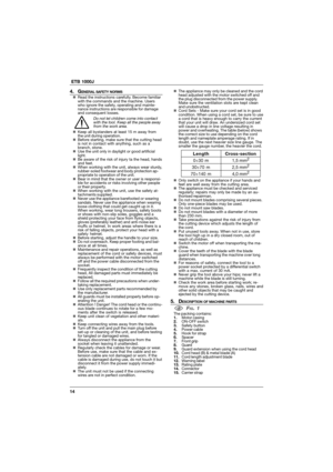 Page 1414  ETB 1000J
4. GENERAL SAFETY NORMS„Read the instructions carefully. Become familiar
with the commands and the machine. Users
who ignore the safety, operating and mainte-
nance instructions are responsible for damage
and consequent losses.
Do not let children come into contact
with the tool. Keep all the people away
from the work area.
„Keep all bystanders at least 15 m away from
the unit during operation.
„Before starting, make sure that the cutting head
is not in contact with anything, such as a...