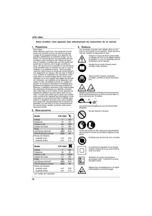 Page 1818  ETB 1000J
Avant dutiliser votre appareil, lisez attentivement les instructions de ce manuel
1. PRÉSENTATIONCher Client,
Nous désirons avant tout vous remercier davoir
choisi nos produits et nous ne doutons pas que
l’usage de cet appareil puisse vous apporter de
grandes satisfactions et satisfaire toutes vos at-
tentes. Ce manuel devrait vous permettre de bien
connaître votre machine et de l’utiliser de façon
sûre et rentable; n’oubliez pas qu’il fait partie inté-
grante de la machine, de le ranger à...