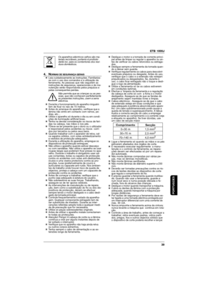 Page 39ETB 1000J
39
PORTUGÛES
Os aparelhos eléctricos velhos são ma-
teriais recicláveis, portanto é proibido
deitá-los  para os contentores dos resí-
duos domésticos.
4. NORMAS DE SEGURANÇA GERAIS„Leia cuidadosamente as instruções. Familiarize-
se com o uso dos comandos e a utilização da
ferramenta. As pessoas que não seguirem as
instruções de segurança, operacionais e de ma-
nutenção serão responsáveis pelos prejuízos e
pelas consequentes perdas.
Não permita que as crianças ou as pes-
soas, que não conhecem...