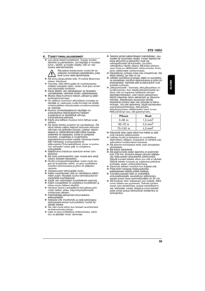 Page 59ETB 1000J
59
SUOMI
4. YLEISET TURVALLISUUSSÄÄNNÖT„Lue nämä ohjeet huolellisesti. Tutustu koneen
käyttöön ja painikkeisiin. Jos käyttäjä ei noudata
turva-, käyttö- ja huolto-ohjeita, hän on vas-
tuussa seuraamuksista.
Älä päästä laitetta lasten ulottuville tai
sellaisten henkilöiden käytettäväksi, jotka
eivät tunne näitä käyttöohjeita.
„Älä anna ulkopuolisten tulla 15 metriä lähemmas
tatieen käydessä.
„Varmista, ettei leikkuupää ole kosketuksessa
irrallisiin esineisiin (esim. oksat, kivet jne.) ennen
kuin...