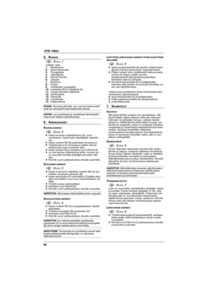 Page 6060  ETB 1000J
5. KUVAUS
1KUVA 1Laitteen osat:
1.Moottoriosa
2.Käynnistyskytkin
3.Turvapainike
4.Liitäntäjohto
5.Hihnan kiinnike
6.Tukipala
7.Etukahva
8.Suojus
9.Lankakelan suojusjatke
10.Lankakela (B) & metalliterä (A)
11.Langan pituuden säätöterä
12.Varoitustarra
13.Tietokyltti
14.Liitoskiristin
15.Kuljetushihna
HUOM: Varmista että laite, sen osat tai lisävarusteeteivät ole vahingoittuneet kuljetuksen aikana.
HUOM: Lue huolellisesti ja rauhallisesti tämä käyttö-ohje ennen laitteen käyttöönottoa.
6....