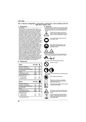 Page 6868  ETB 1000J
Det er påkrævet omhyggeligt at gennemlæse anvisningerne i denne håndbog inden De
tager Deres redskab i brug
1. PRÆSENTATIONKære Kunde
vi ønsker først og fremmest at takke Dem for at
have valgt et af vores produkter og vi håber at De
vil få glæde af maskinen og at den fuldt opfylder
Deres forventninger. Denne håndbog er skrevet
med henblik på at formidle de oplysninger der vil
give Dem mulighed for at bruge maskinen sikkert
og effektivt. Husk venligst at den udgør en integre-
rende del af...