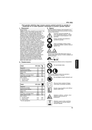 Page 73ETB 1000J
73
SLOVENŠCINA
Pred uporabo električne žage moramo pozorno prebrati priročnik za uporabo in
vzdrževanje ter se dobro spoznati z komandami za pravilno uporabo naprave
1. PREDSTAVITEVDraga stranka,
Najprej se Vam ľelimo zahvaliti, ker ste izbrali naąe
izdelke in upamo, da bo Vaąa uporaba stroja
uspeąna in da bo ustrezala Vaąim zahtevam. Ta
priročnik Vam ľeli omogočiti boljąe spoznanje
Vaąega stroja in uporabo tega pod varnostnimi in
primernimi pogoji; zaradi tega ne smete pozabiti, da
je...