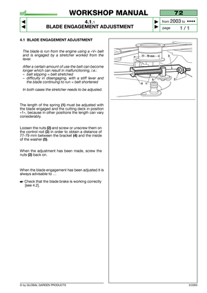 Page 14© by GLOBAL GARDEN PRODUCTS
4.1 BLADE ENGAGEMENT ADJUSTMENT
The blade is run from the engine using a «V» belt
and is engaged by a stretcher worked from the
lever.
After a certain amount of use the belt can become
longer which can result in malfunctioning, i.e.:
–belt slipping = belt stretched
–difficulty in disengaging, with a stiff lever and
the blade continuing to run = belt shortened
In both cases the stretcher needs to be adjusted.
The length of the spring(1) must be adjusted with
the blade engaged...