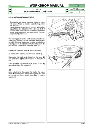 Page 15© by GLOBAL GARDEN PRODUCTS
72
4.2.1
BLADE BRAKE ADJUSTMENT



1 / 1
WORKSHOP MANUAL
page from 
1998to  ••••
3/2003
4.2 BLADE BRAKE ADJUSTMENT
Disengaging the blade causes a brake to come
into action. This is to stop the blade turning within
five seconds.
Longer braking times do not comply with safety
regulations, but adjusting the brake so that it
stops quicker than this can cause the belt to slip
on the shoe resulting in overheating with the typi-
cal smell of burnt rubber.
The braking power on...