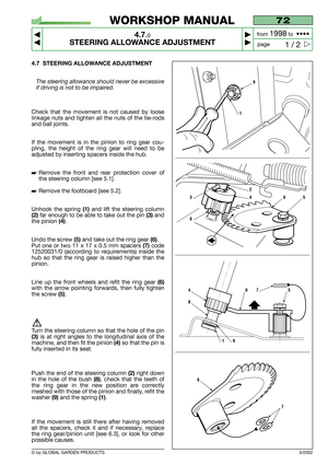 Page 234.7 STEERING ALLOWANCE ADJUSTMENT
The steering allowance should never be excessive
if driving is not to be impaired.
Check that the movement is not caused by loose
linkage nuts and tighten all the nuts of the tie-rods
and ball joints.
If the movement is in the pinion to ring gear cou-
pling, the height of the ring gear will need to be
adjusted by inserting spacers inside the hub.
 Remove the front and rear protection cover of
the steering column [see 5.1].
 Remove the footboard [see 5.2]. 
Unhook the...