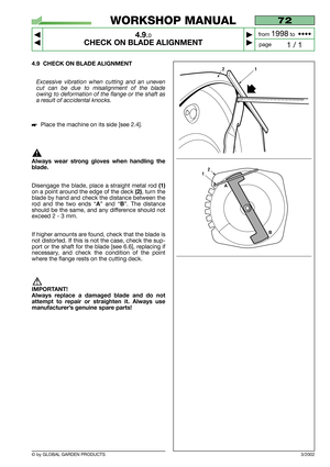 Page 26© by GLOBAL GARDEN PRODUCTS
72
4.9.0
CHECK ON BLADE ALIGNMENT



1 / 1
WORKSHOP MANUAL
page from 
1998to  ••••
3/2002
4.9 CHECK ON BLADE ALIGNMENT
Excessive vibration when cutting and an uneven
cut can be due to misalignment of the blade
owing to deformation of the flange or the shaft as
a result of accidental knocks.
Place the machine on its side [see 2.4].
Always wear strong gloves when handling the
blade.
Disengage the blade, place a straight metal rod (1)
on a point around the edge of the deck...