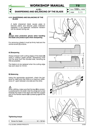 Page 274.10 SHARPENING AND BALANCING OF THE
BLADE
A badly sharpened blade causes grass to
become yellow and reduces grass collection
capability. If not balanced, excessive vibration
can be caused during use.
Always wear protective gloves when handling
the blade and protect eyes when sharpening.
For removing a blade it must be firmly held and the
central screw 
(1)undone.
A) Sharpening
Always sharpen both cutting edges of the blade (2)
using a medium grade grinder. Sharpening must
only be done from the rounded...