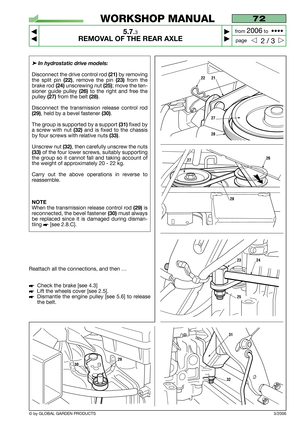 Page 38➤In hydrostatic drive models:
Disconnect the drive control rod (21)by removing
the split pin 
(22), remove the pin (23)from the
brake rod 
(24)unscrewing nut (25); move the ten-
sioner guide pulley 
(26)to the right and free the
pulley 
(27)from the belt (28).
Disconnect the transmission release control rod
(29), held by a bevel fastener (30).
The group is supported by a support 
(31)fixed by
a screw with nut 
(32)and is fixed to the chassis
by four screws with relative nuts 
(33).
Unscrew nut 
(32),...