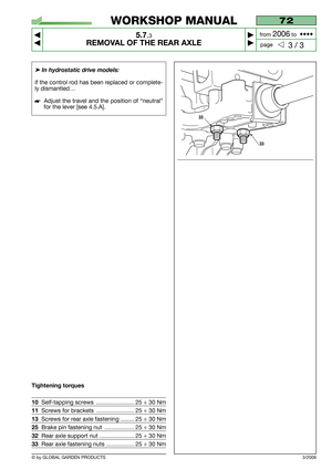 Page 39➤In hydrostatic drive models:
if the control rod has been replaced or complete-
ly dismantled…
Adjust the travel and the position of “neutral”
for the lever [see 4.5.A].
Tightening torques
10Self-tapping screws  ....................... 25 ÷ 30 Nm
11Screws for brackets  ....................... 25 ÷ 30 Nm
13Screws for rear axle fastening ........ 25 ÷ 30 Nm
25Brake pin fastening nut  .................. 25 ÷ 30 Nm
32Rear axle support nut ..................... 25 ÷ 30 Nm
33Rear axle fastening nuts...