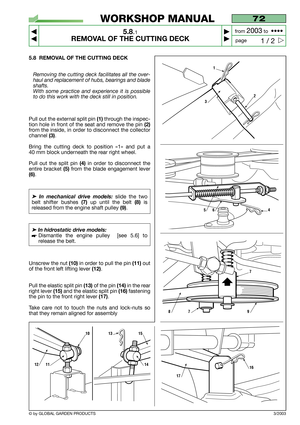 Page 405.8 REMOVAL OF THE CUTTING DECK
Removing the cutting deck facilitates all the over-
haul and replacement of hubs, bearings and blade
shafts.
With some practice and experience it is possible
to do this work with the deck still in position.
Pull out the external split pin (1)through the inspec-
tion hole in front of the seat and remove the pin 
(2)
from the inside, in order to disconnect the collector
channel 
(3).
Bring the cutting deck to position «1» and put a
40 mm block underneath the rear right...