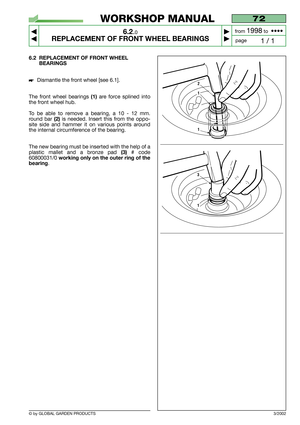 Page 43© by GLOBAL GARDEN PRODUCTS
72
6.2.0
REPLACEMENT OF FRONT WHEEL BEARINGS



1 / 1
WORKSHOP MANUAL
page from 
1998to  ••••
3/2002
6.2 REPLACEMENT OF FRONT WHEEL
BEARINGS
Dismantle the front wheel [see 6.1].
The front wheel bearings 
(1)are force splined into
the front wheel hub.
To be able to remove a bearing, a 10 - 12 mm.
round bar 
(2)is needed. Insert this from the oppo-
site side and hammer it on various points around
the internal circumference of the bearing.
The new bearing must be inserted...