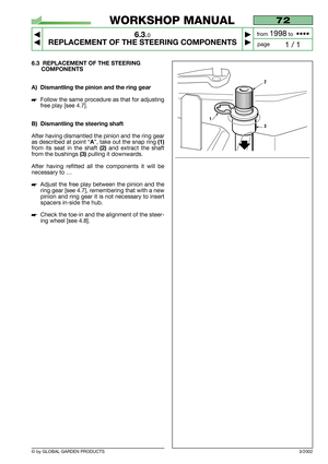 Page 44© by GLOBAL GARDEN PRODUCTS
72
6.3.0
REPLACEMENT OF THE STEERING COMPONENTS



1 / 1
WORKSHOP MANUAL
page from 
1998to  ••••
3/2002
6.3 REPLACEMENT OF THE STEERING
COMPONENTS
A) Dismantling the pinion and the ring gear
Follow the same procedure as that for adjusting
free play [see 4.7].
B) Dismantling the steering shaft
After having dismantled the pinion and the ring gear
as described at point “
A”, take out the snap ring (1)
from its seat in the shaft (2)and extract the shaft
from the bushings...