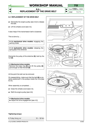 Page 456.4 REPLACEMENT OF THE DRIVE BELT
Dismantle the engine pulley [see 5.6] to release
the belt.
Lift the wheels cover [see 2.5].
It also helps if the transmission belt is loosened.
This is done by ...
➤In mechanical drive models:engaging the
parking brake
➤In hydrostatic drive models:releasing the
spring 
(1)of the stretcher 
Dismantle the pulley of the stretcher 
(2), held by the
nut 
(3).
➤Mechanical drive models:
Remove the snap ring (4) and lift the pulley (5)
just enough to free the belt (6).
At this...