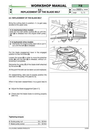 Page 466.5 REPLACEMENT OF THE BLADE BELT
Bring the cutting deck to position «1» to gain easy
access to the upper area.
➤In mechanical drive models:
slide the two belt shifter bushes (1)up until the
belt 
(2)is released from the engine shaft pulley
(3).
➤In hydrostatic drive models:
Dismantle the engine pulley [see 5.6] or pull it
out until the belt 
(2)is released.
Put the blade engagement lever in the engaged
position to free the brake 
(4).
Loosen the screw 
(5)in order to move the stretcher
pulley 
(6)until...