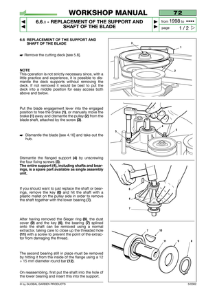 Page 476.6 REPLACEMENT OF THE SUPPORT AND
SHAFT OF THE BLADE
Remove the cutting deck [see 5.8].
NOTE
This operation is not strictly necessary since, with a
little practice and experience, it is possible to dis-
mantle the deck supports without removing the
deck. If not removed it would be best to put the
deck into a middle position for easy access both
above and below.
Put the blade engagement lever into the engaged
position to free the brake 
(1), or manually move the
brake
(1) away and dismantle the pulley...