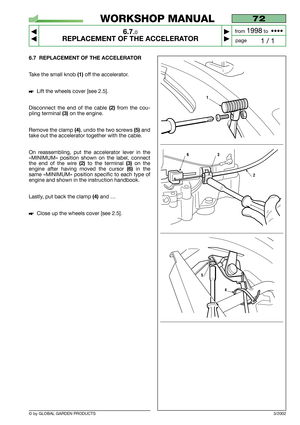 Page 496.7 REPLACEMENT OF THE ACCELERATOR
Take the small knob (1)off the accelerator.
Lift the wheels cover [see 2.5].
Disconnect the end of the cable 
(2)from the cou-
pling terminal 
(3)on the engine.
Remove the clamp 
(4), undo the two screws (5)and
take out the accelerator together with the cable.
On reassembling, put the accelerator lever in the
«MINIMUM» position shown on the label, connect
the end of the wire 
(2) to the terminal (3) on the
engine after having moved the cursor 
(6)in the
same «MINIMUM»...