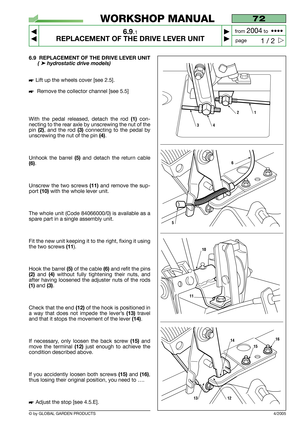 Page 516.9 REPLACEMENT OF THE DRIVE LEVER UNIT
( ➤hydrostatic drive models)
Lift up the wheels cover [see 2.5].
Remove the collector channel [see 5.5]
With the pedal released, detach the rod 
(1)con-
necting to the rear axle by unscrewing the nut of the
pin 
(2), and the rod (3)connecting to the pedal by
unscrewing the nut of the pin 
(4).
Unhook the barrel 
(5)and detach the return cable
(6).
Unscrew the two screws 
(11)and remove the sup-
port 
(10)with the whole lever unit.
The whole unit (Code 84066000/0)...