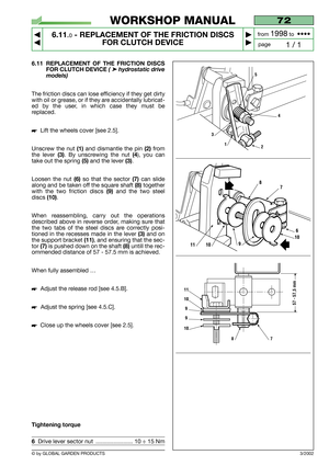 Page 546.11 REPLACEMENT OF THE FRICTION DISCS
FOR CLUTCH DEVICE
( ➤hydrostatic drive
models)
The friction discs can lose efficiency if they get dirty
with oil or grease, or if they are accidentally lubricat-
ed by the user, in which case they must be
replaced.
Lift the wheels cover [see 2.5].
Unscrew the nut 
(1)and dismantle the pin (2)from
the lever 
(3). By unscrewing the nut(4), you can
take out the spring 
(5)and the lever (3).
Loosen the nut 
(6)so that the sector (7)can slide
along and be taken off the...