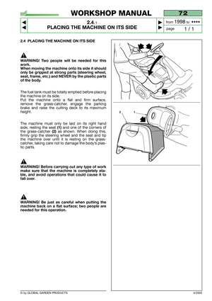 Page 9© by GLOBAL GARDEN PRODUCTS
72
2.4.1
PLACING THE MACHINE ON ITS SIDE



1 / 1
WORKSHOP MANUAL
page from 
1998to  ••••
4/2005
2.4 PLACING THE MACHINE ON ITS SIDE
WARNING! Two people will be needed for this
work. 
When moving the machine onto its side it should
only be gripped at strong parts (steering wheel,
seat, frame, etc.) and NEVER by the plastic parts
of the body.
The fuel tank must be totally emptied before placing
the machine on its side.
Put the machine onto a flat and firm surface,
remove...