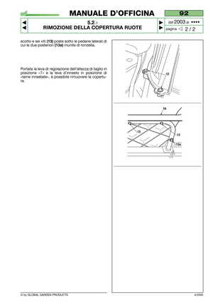 Page 27© by GLOBAL GARDEN PRODUCTS
scotto e sei viti (13)poste sotto le pedane laterali di
cui le due posteriori 
(13a)munite di rondella.
Portata la leva di regolazione dell’altezza di taglio in
posizione «7» e la leva d’innesto in posizione di
«lame innestate», è possibile rimuovere la copertu-
ra.
4/2005
10
1313
13a
12
92
5.2.1
RIMOZIONE DELLA COPERTURA RUOTE



2 / 2
MANUALE D’OFFICINA
paginadal 
2003al  •••• 