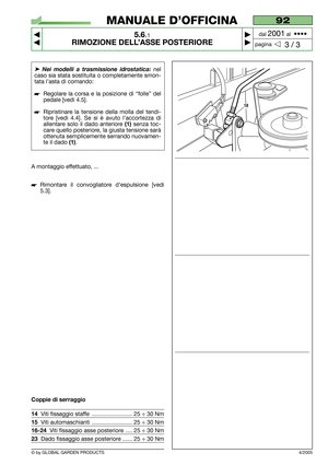 Page 34➤Nei modelli a trasmissione idrostatica: nel
caso sia stata sostituita o completamente smon-
tata l’asta di comando:
Regolare la corsa e la posizione di “folle” del
pedale [vedi 4.5].
Ripristinare la tensione della molla del tendi-
tore [vedi 4.4]. Se si è avuto l’accortezza di
allentare solo il dado anteriore 
(1)senza toc-
care quello posteriore, la giusta tensione sarà
ottenuta semplicemente serrando nuovamen-
te il dado 
(1).
A montaggio effettuato, ...
Rimontare il convogliatore d’espulsione...