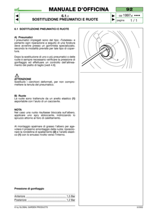 Page 36© by GLOBAL GARDEN PRODUCTS
92
6.1.0
SOSTITUZIONE PNEUMATICI E RUOTE



1 / 1
MANUALE D’OFFICINA
paginadal 
1997al  ••••
6.1 SOSTITUZIONE PNEUMATICI E RUOTE
A) Pneumatici
I pneumatici impiegati sono del tipo «Tubeless» e
pertanto ogni riparazione a seguito di una foratura
deve avvenire presso un gommista specializzato,
secondo le modalità previste per tale tipo di coper-
tura.
Dopo la sostituzione di uno o più pneumatici o delle
ruote è sempre necessario verificare la pressione di
gonfiaggio ed...