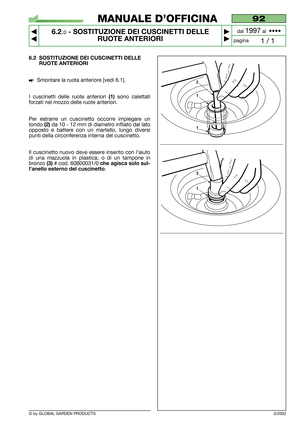 Page 37© by GLOBAL GARDEN PRODUCTS
92
6.2.0- SOSTITUZIONE DEI CUSCINETTI DELLE
RUOTE ANTERIORI


1 / 1
MANUALE D’OFFICINA
paginadal 
1997al  ••••
6.2 SOSTITUZIONE DEI CUSCINETTI DELLE
RUOTE ANTERIORI
Smontare la ruota anteriore [vedi 6.1].
I cuscinetti delle ruote anteriori 
(1)sono calettati
forzati nel mozzo delle ruote anteriori.
Per estrarre un cuscinetto occorre impiegare un
tondo 
(2)da 10 - 12 mm di diametro infilato dal lato
opposto e battere con un martello, lungo diversi
punti della...