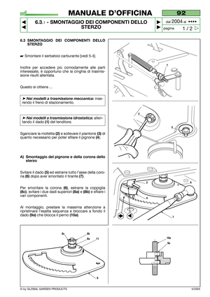 Page 386.3 SMONTAGGIO DEI COMPONENTI DELLO
STERZO
 Smontare il serbatoio carburante [vedi 5.4].
Inoltre per accedere più comodamente alle parti
interessate, è opportuno che la cinghia di trasmis-
sione risulti allentata.
Questo si ottiene ...
➤Nei modelli a trasmissione meccanica:inse-
rendo il freno di stazionamento. 
➤Nei modelli a trasmissione idrostatica:allen-
tando il dado 
(1)del tenditore. 
Sganciare la molletta 
(2)e sollevare il piantone (3)di
quanto necessario per poter sfilare il pignone
(4).
A)...