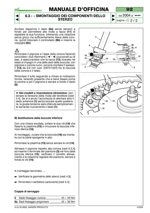 Page 39© by GLOBAL GARDEN PRODUCTS
92
6.3.1- SMONTAGGIO DEI COMPONENTI DELLO
STERZO


2 / 2
MANUALE D’OFFICINA
paginadal 
2004al  ••••
Avvitare dapprima il dado(8a)senza serrarlo a
fondo per permettere alla molla a tazza
(11)di
espletare la sua funzione, ottenendo una rotazione
senza gioco ma sufficientemente libera della coro-
na; quindi bloccare il controdado
(8b)e inserire la
coppiglia 
(8c).
Rimontare il pignone e l’asse della corona facendo
coincidere i due riferimenti ( 
➜- ) punzonati su di
essi,...