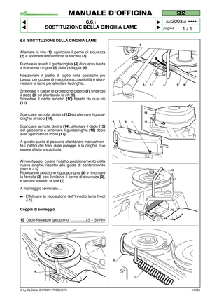 Page 436.6 SOSTITUZIONE DELLA CINGHIA LAME
Allentare la vite (1), sganciare il perno di sicurezza
(2)e spostare lateralmente la forcella (3).
Ruotare in avanti il guidacinghia 
(4)di quanto basta
a liberare la cinghia 
(5)dalla puleggia (6).
Posizionare il piatto di taglio nella posizione più
bassa, per godere di maggiore accessibilità e disin-
nestare le lame per allentare la cinghia.
Smontare il carter di protezione destro 
(7)svitando
il dado 
(8)ed allentando le viti (9).
Smontare il carter sinistro...