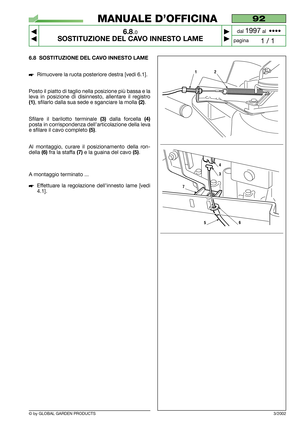 Page 45© by GLOBAL GARDEN PRODUCTS
92
6.8.0
SOSTITUZIONE DEL CAVO INNESTO LAME



1 / 1
MANUALE D’OFFICINA
paginadal 
1997al  ••••
6.8 SOSTITUZIONE DEL CAVO INNESTO LAME
Rimuovere la ruota posteriore destra [vedi 6.1].
Posto il piatto di taglio nella posizione più bassa e la
leva in posizione di disinnesto, allentare il registro
(1), sfilarlo dalla sua sede e sganciare la molla (2).
Sfilare il barilotto terminale 
(3)dalla forcella (4)
posta in corrispondenza dell’articolazione della leva
e sfilare il...