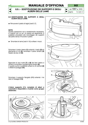 Page 466.9 SOSTITUZIONE DEI SUPPORTI E DEGLI
ALBERI DELLE LAME
Rimuovere il piatto di taglio [vedi 5.7].
NOTA
Questa operazione non è strettamente necessaria,
in quanto con un po di pratica ed esperienza, è
possibile procedere allo smontaggio dei supporti
dal piatto senza rimuovere il piatto.
Smontare le lame [vedi 4.10] e sfilare i mozzi.
Smontare il carter destro 
(1)svitando il dado (2)ed
allentando le viti 
(3); smontare il carter sinistro (4)
fissato da due viti (5).
Sganciare le due molle 
(7)e (8)dei...